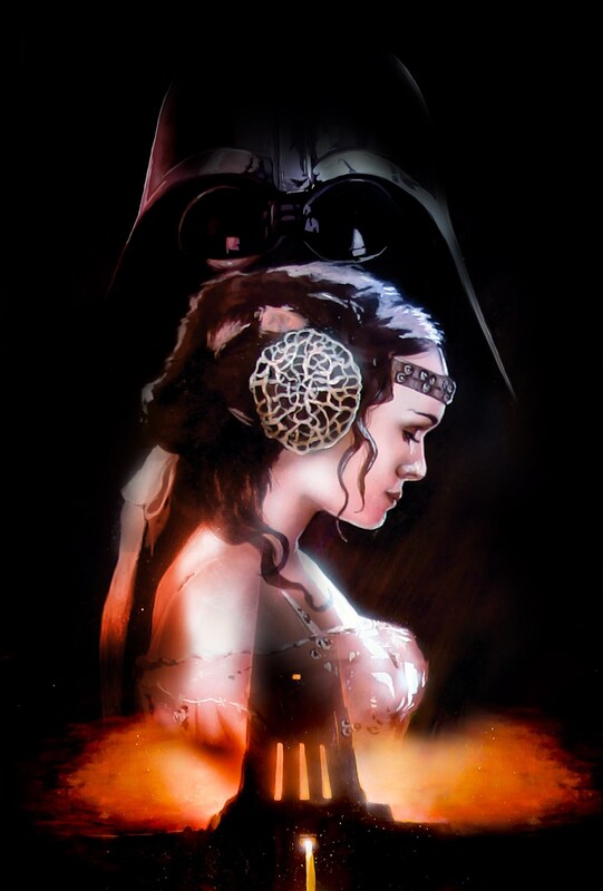 Darth Vader and Padme over Mustafar. 2023 by Tom Savage Acrylic. 